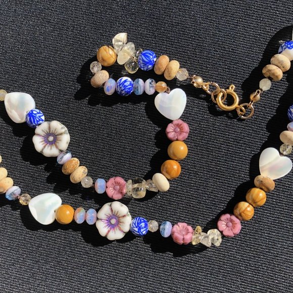 Beaded Necklace ‘Blueberry Muffin’ 16" Choker Hand-Knotted 14k Gold Plated - Picture 3 of 6